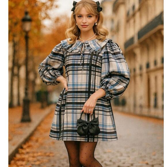 Eloquii Dress 14 Blue Plaid Ruffle Collar Puff Sleeve Coquette Fall Feminine - Picture 1 of 13